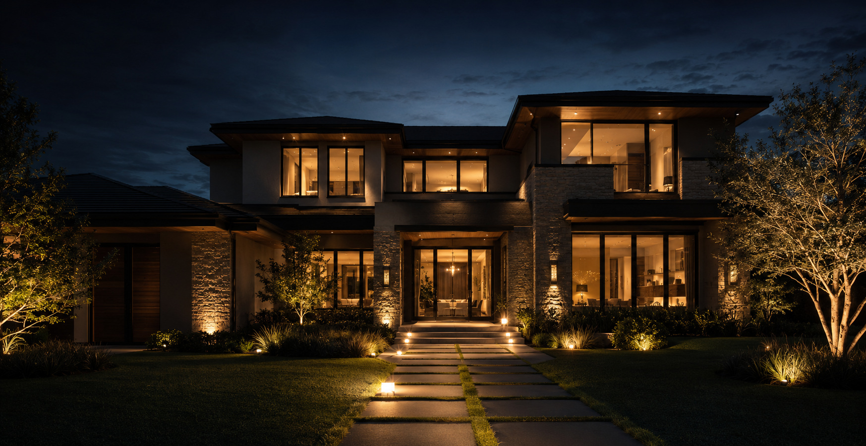 Modern luxury home at dusk with warm light in every window