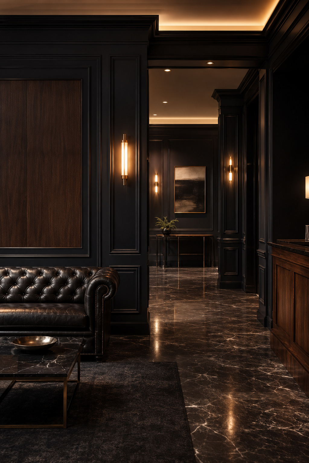 Wood-paneled office lobby with warm lighting